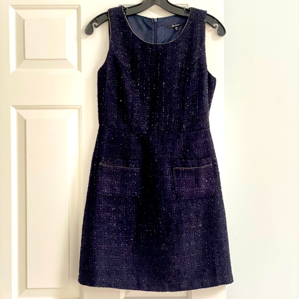 Navy tweed mini dress with silver thread detail